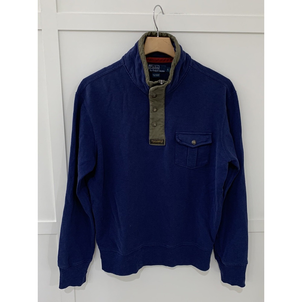 Vtg Polo Ralph Lauren Pullover Shirt Sz Large Mens 90's 1/4 Zip Snap Blue